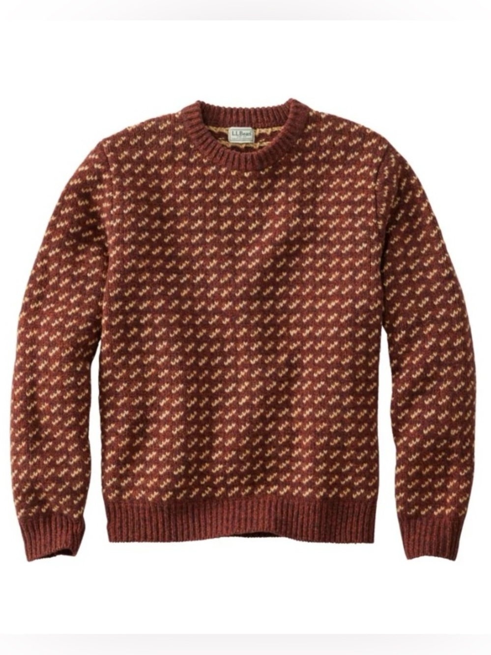 L.L. Bean Classic Ragg Wool Crewneck Sweater in Burnt Mahogany/Katahdin Khaki